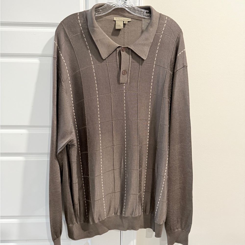 Tulliano Silk Blend Brown Collared Sweater Check Pattern XL Big & Tall Classic